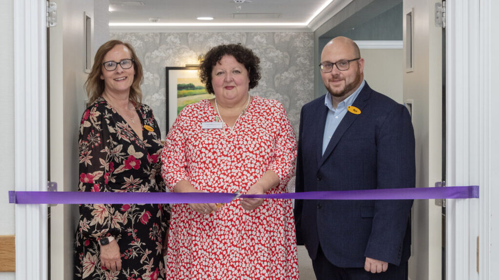L-r: General manager of Hutton View Care Home Louise Baxter, chief nurse of adult social care Deborah Sturdy OBE, managing director of Hallmark Care Homes Aneurin Brown