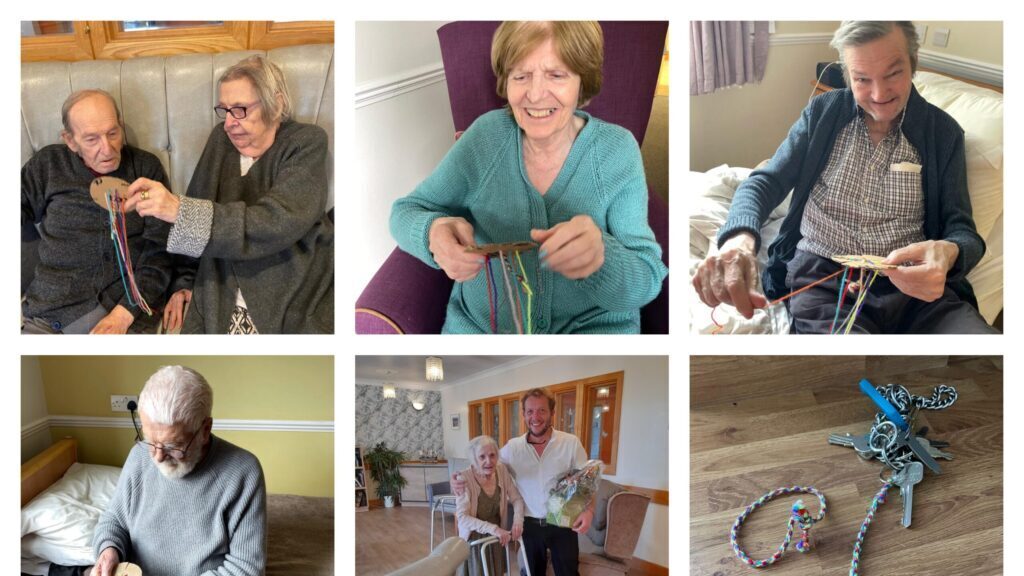 Dovecote Manor residents enjoy making friendship bracelets after watching a TikTok video