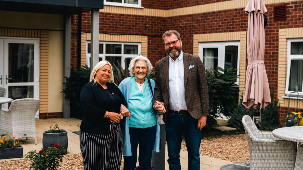 Foxhunters’ home director Leah Mort with resident Margaret Groom and Sven Seljom