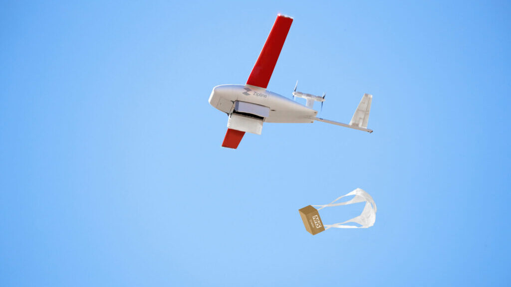 Medical packages are delivered by parachutes to outdoor areas at care homes