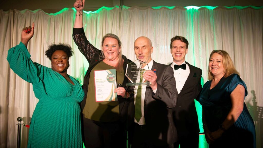 Said Lucinda and Matthew Kulupka, co-founders of Home Counties Carers and winners of Home Care Provider of the Year celebrate their award with TV presenter Judi Love