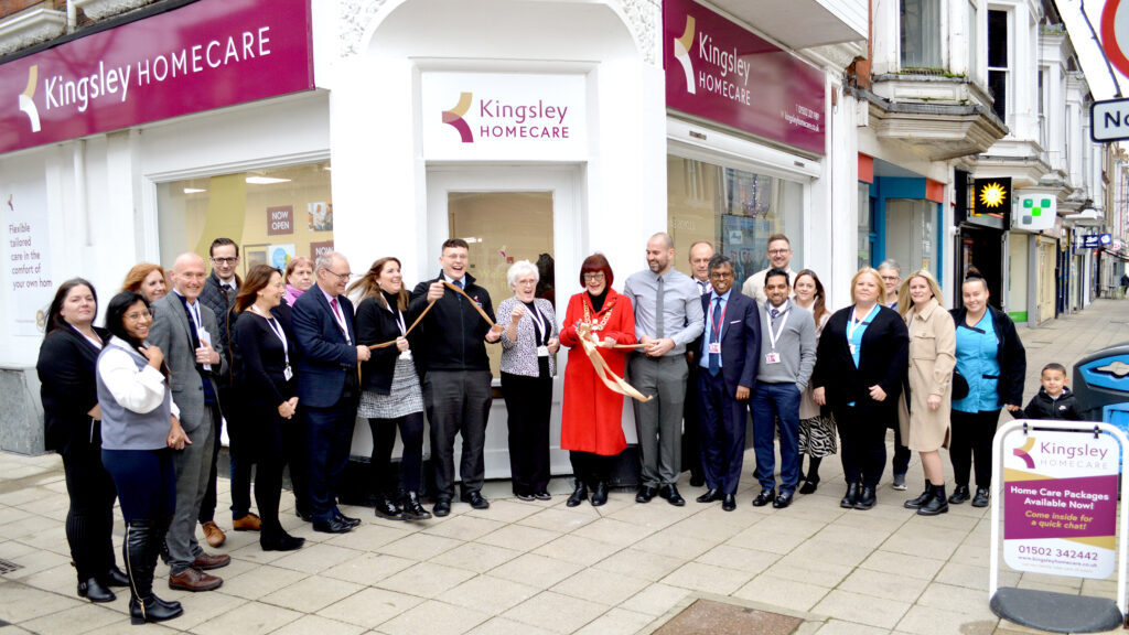 Mayor Cllr Sonia Barker cuts the ribbon to open Kingsley Home Care's town centre office in Lowestoft, Suffolk